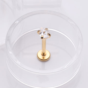 Detail View 1 of Golden Teardrop Prong Set Sparkle Top Internally Threaded Labret Flat Back Stud-Clear Gem